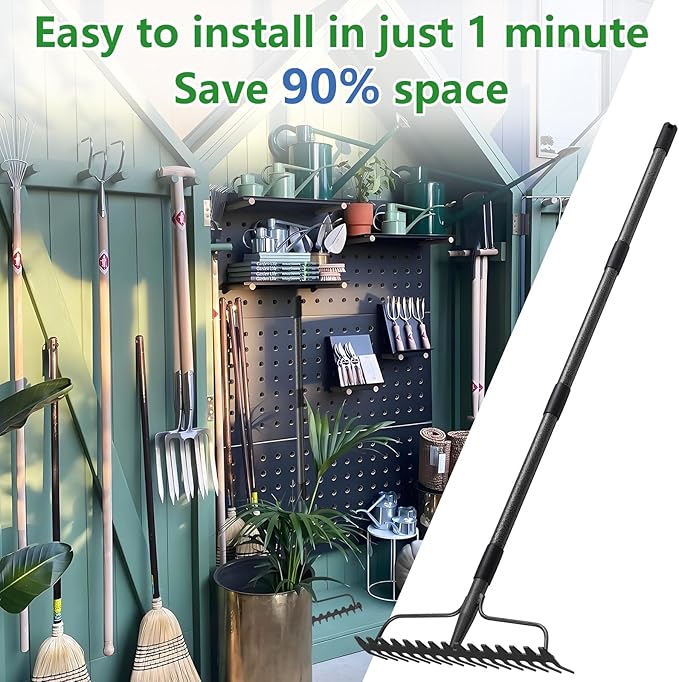49 inch Bow Rake, 2-in-1 Metal Garden Lawn Rake for Weeding Digger Loosening Soil Raking Leaf Leveling Rocks Spreading Mulch Gravel 17 Tines Adjustable Garden RakeBow Rake