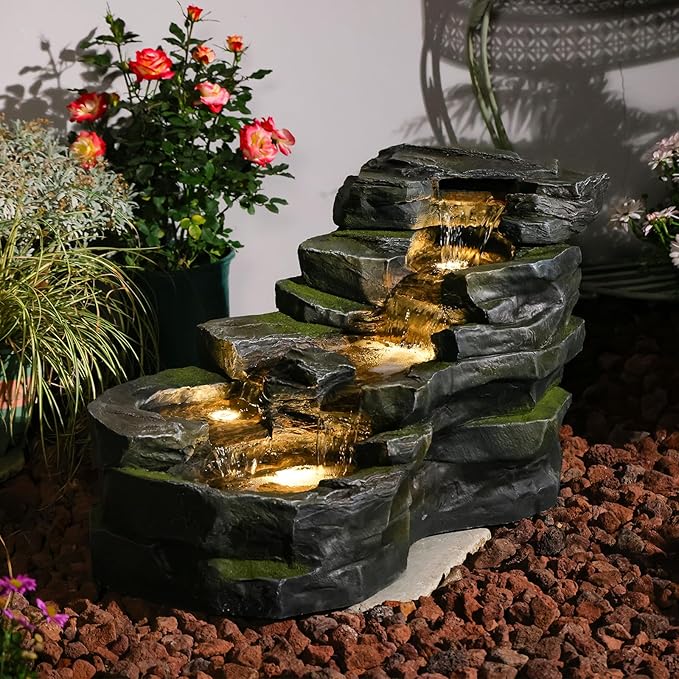 Sunlinua Garden Water Fountain Outdoor Feature, 5-Tier Rock Water Fall Fountains, Natural Waterfall Outdoor Fountains with Pump, LED Lights for Patio, Porch, Home Art Decor, 18 inch Length