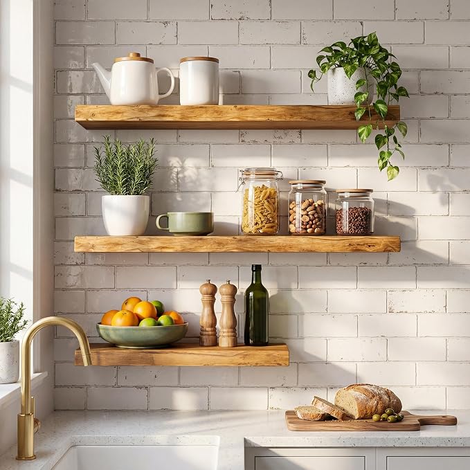 36" Live Edge Floating Shelves, Solid Elm Wood Shelf, Set of 2 | 1.4"Extra Thick, 9.3" Deep Heavy Duty Storage, Artisan Natural Finish for Kitchen, Coffee Bar & Living Room