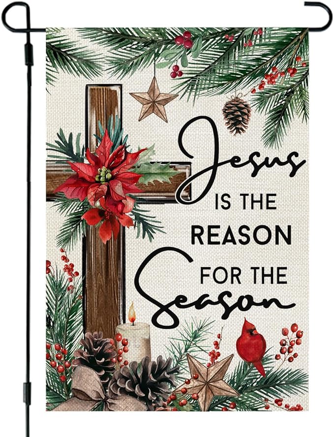 CROWNED BEAUTY Christmas Garden Flag Jesus Is the Reason for the Season 12x18 Inch Double Sided Religious Cross Decoration for Outside Yard CF1890-12