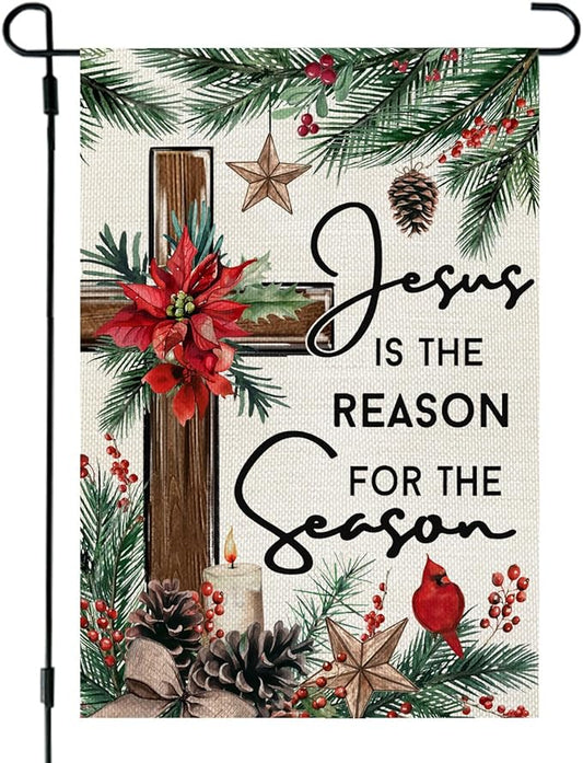 CROWNED BEAUTY Christmas Garden Flag Jesus Is the Reason for the Season 12x18 Inch Double Sided Religious Cross Decoration for Outside Yard CF1890-12