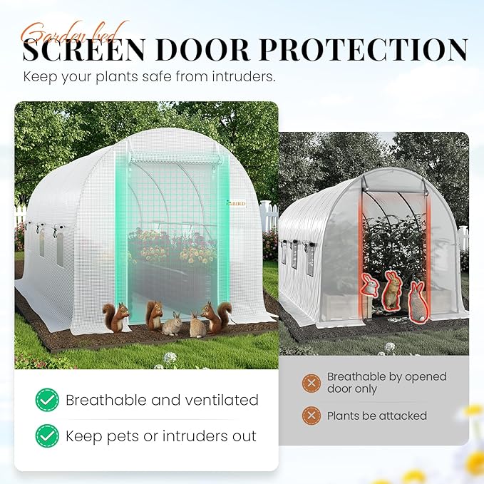 KING BIRD Premium 10x7x7 FT Greenhouse for Outdoors, Large Walk-in Heavy Duty Galvanized Steel Frame, Mesh Door Screen Window Tunnel Hoop Garden Plant Winter Hot House with Irrigation Kit, White