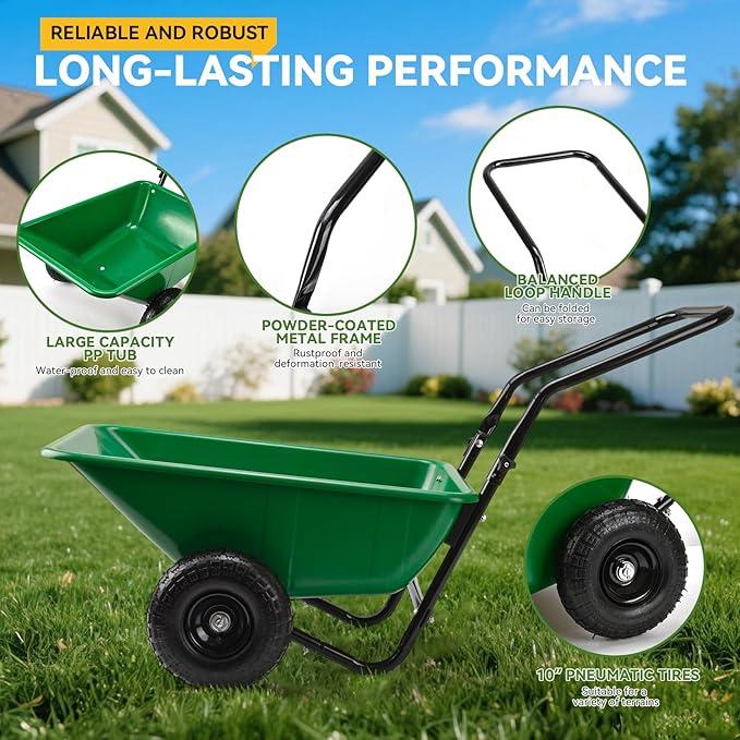 Foldable Handle 2 Wheel Garden Cart with 10" Pneumatic Tires-Heavy Duty Yard Wagon for Soil,Mulch,Plants,Easy Storage,High Stability&Quick Assembly(Green)
