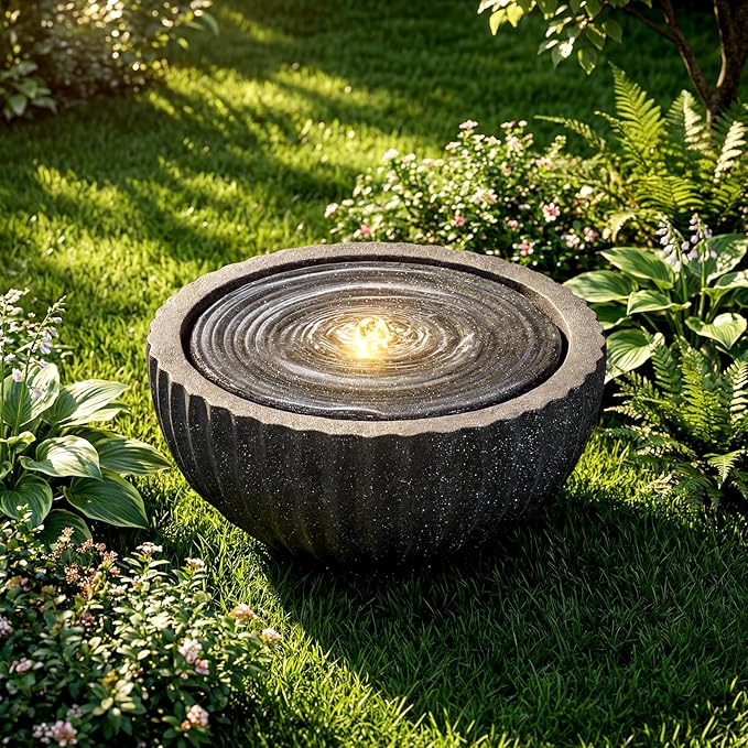 Giantex 18" Round Outdoor Water Fountain with 6 LED Lights, Stone Gray Resin Sphere Waterfall Feature with Adjustable Pump, Lighted Bubbling Fountain for Garden Patio Porch Decor (18" Dia. x 9.5" H)