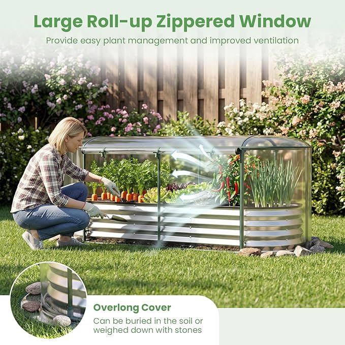 Giantex Raised Garden Bed w/Greenhouse Cover, Outdoor Oval Metal Steel Planter Box w/Roll-up Window, Clear PVC Mini Greenhouse for Vegetables Flowers Herbs Outdoor Patio Gardening, 6x2x1 FT (Silver)