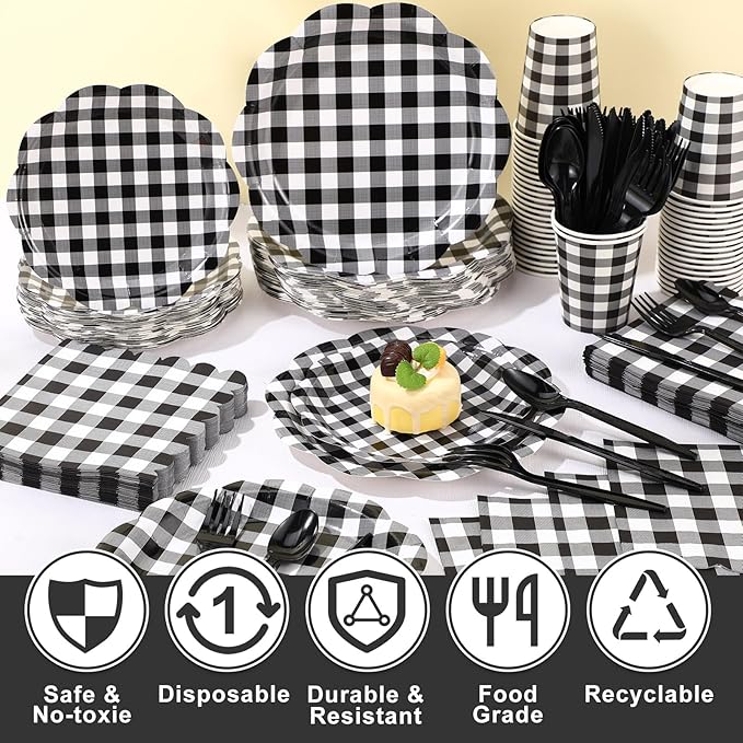 Funnymoom 400 Pcs Gingham Party Supplies for 50 Guests Black and White Paper Plates and Napkins Knives Spoon Fork Cup Disposable Checkered Dinner Party Set Cutlery for Baby Shower Wedding Favor