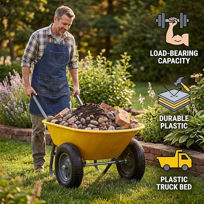 Garden Wheelbarrow Cart, Heavy Duty Utility Cart with Dual Wheels and Built-in Stand, Iron and Plastic Yard Cart for Home, Lawn and Garden
