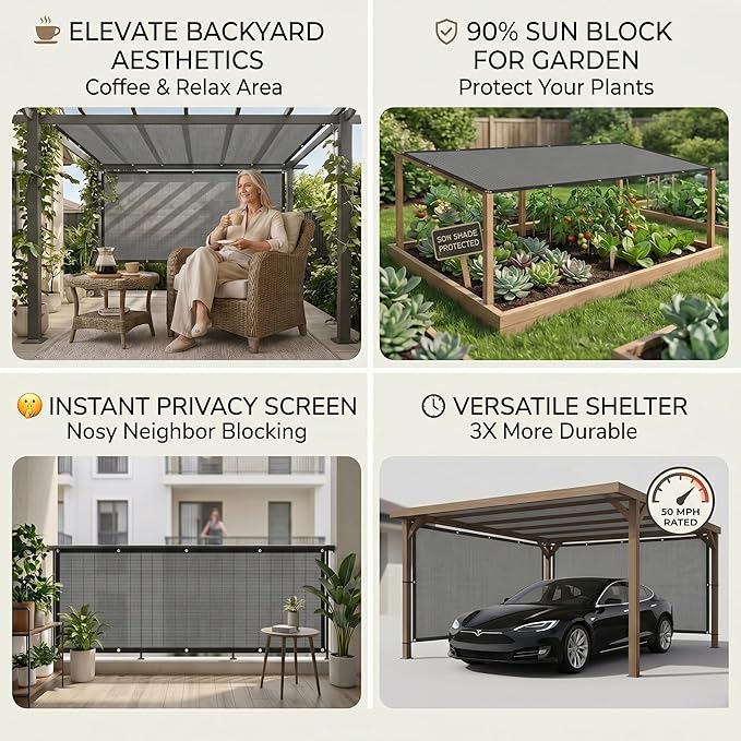FAIR WIND 90% Sun Shade Cloth with Improved Grommets 8’ X 12’ Outdoor Sun Screen Fabric Cover for Patio Garden Outdoor Pergola Canopy - Grey