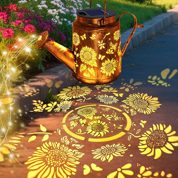 VOOKRY Solar Lights Outdoor Waterproof, Sunflower Metal Solar Watering Can Lights, Gifts for Women Mom Mother's Day, Hanging Lantern Decorative Garden Decor Yard Light for Outside Patio Lawn Porch