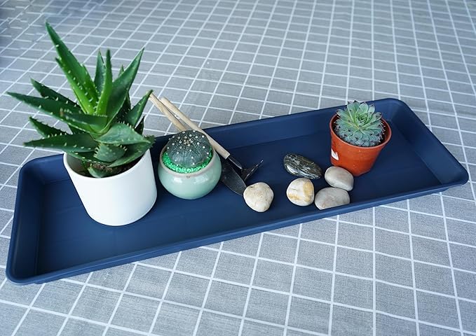 VUWEZ 2 Pack of Blue Plastic Rectangular Plant Tray, Plant Saucer for Indoors & Outdoors, 6.5 X 13 Inch, Modern Glossy Finish