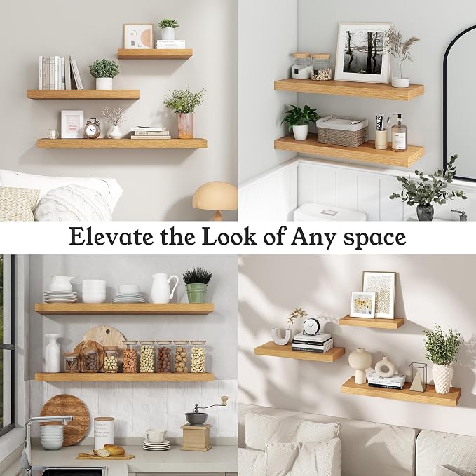 16" Natural Oak Color Floating Shelves Wood Wall Shelf, Set of 2 | Wall Mounted Wood Shelves, For Bathroom, Bedroom, Living Room, Kitchen, Hanging Shelf for Books/Storage/Room Décor