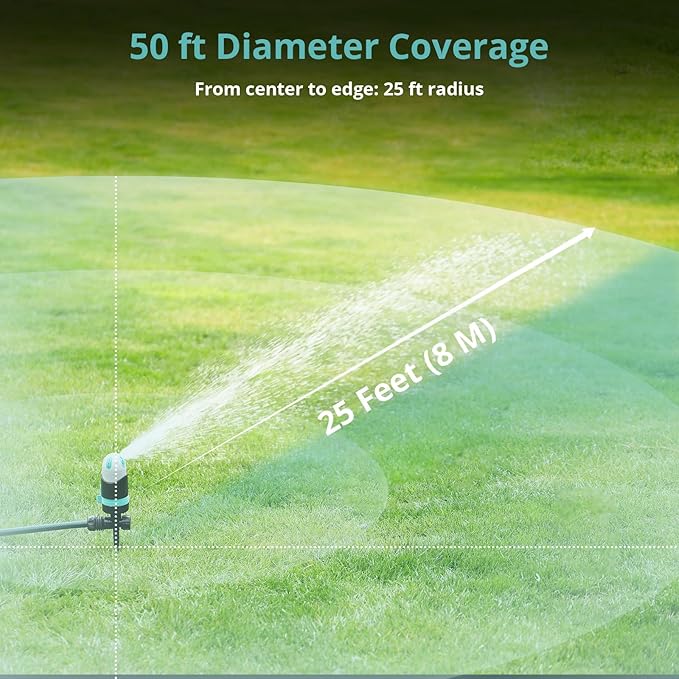 QUOBAS 2 Pack Sprinkler for Yard, 4 Spray Modes, 360° Adjustable Rotation, Heavy Duty Metal Spike with Built-in Filter, Water Diameter up to 50ft for Garden Plant, Flower Bed and Large Yard Area