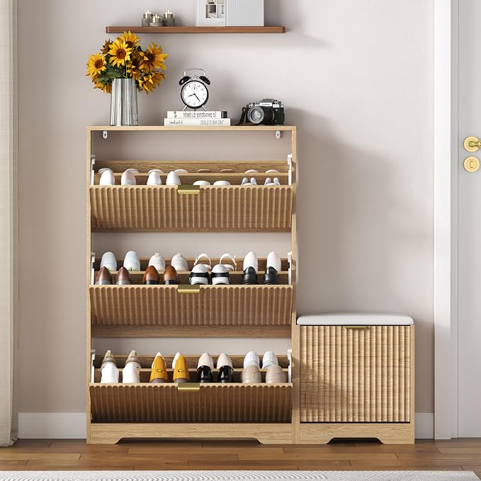 HUANLEGO Shoe Cabinet Storage for Entryway with Flip Drawer & Bench, Oak