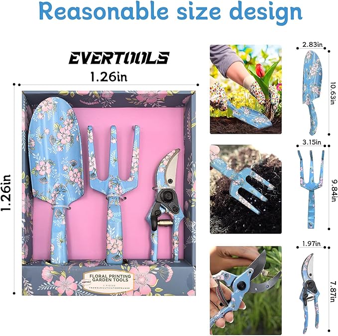 Garden Tool Set, 3 Piece Floral Gardening Tools for Women, Aluminum Gardening Hand Tools with Trowel, Hand Rake & Pruning Shears, Ergonomic Garden Tools for Indoor Outdoor Gardening