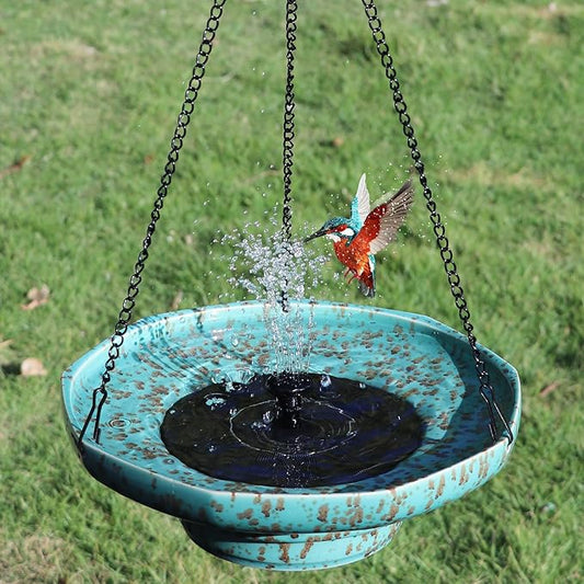 Solar Fountain Ceramic Hanging Bird Bath,Bird Bath for Outside,Outdoor Fountain Bird Bath,Garden and Home Decor