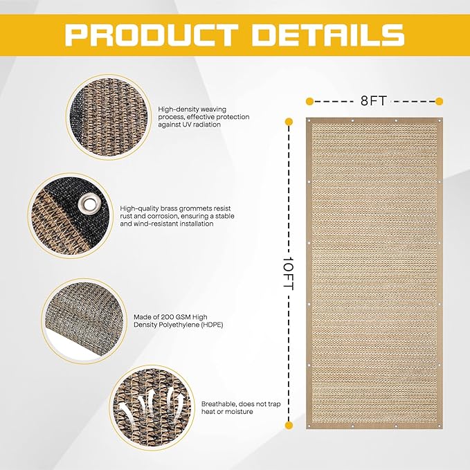 8'x 10' Pergola Shade Cover, Sand Outdoor Sun Shade Cloth with Grommets UV Block Privacy Screen for Patio, Garden, Backyard