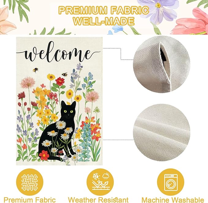 Baccessor Spring Summer Black Cat House Flag Double Sided 28x40 Inch Burlap,Floral Flowers Welcome Large Garden Flag Porch Patio Front Yard Seasonal Farmhouse Outside Outdoor Decor