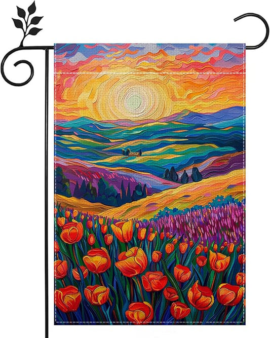 Spring Summer Tulip Lavender Floral Garden Flag for Outside 12x18 Inch Double Sided Burlap Outdoor Yard Flag Decorations for Home