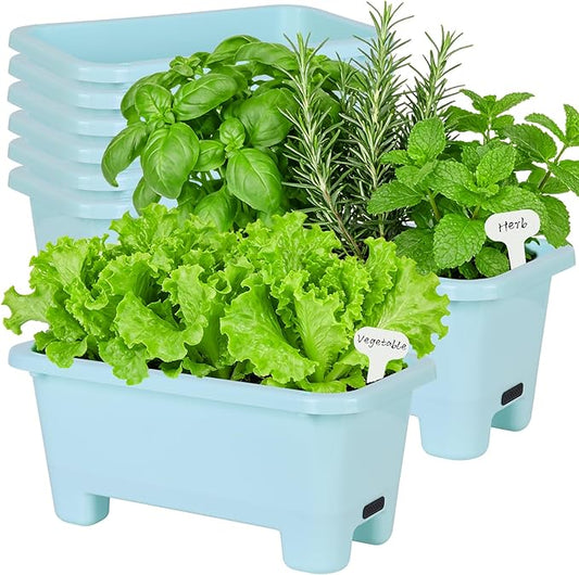Oliz Self-Watering Rectangle Planter Boxes 8-Pack, 15.7-Inch Window Box Planter with Drainage Holes & Trays, Pots for Vegetables, Herbs, Flowers, Garden Windowsill Balcony (Sky Blue)