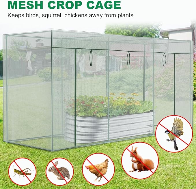 Crop Cages for Garden Plant, 11.8x4x6 Ft Plant Protection Tent with Zippered Door, Raised Bed Cover, Garden Bed Cover with Frame, Wind-Resistant Plant Cages for Outdoor Plants Vegetable Flower