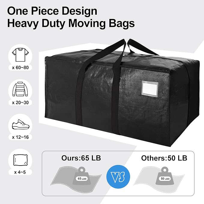 VELVETSURE 12 Pack Heavy Duty Extra Large Moving Bags W/Backpack Straps - Strong Handles & Zippers, Storage Totes For Space Saving, Fold Flat, Alternative to Moving Box and Storage Bin, Black