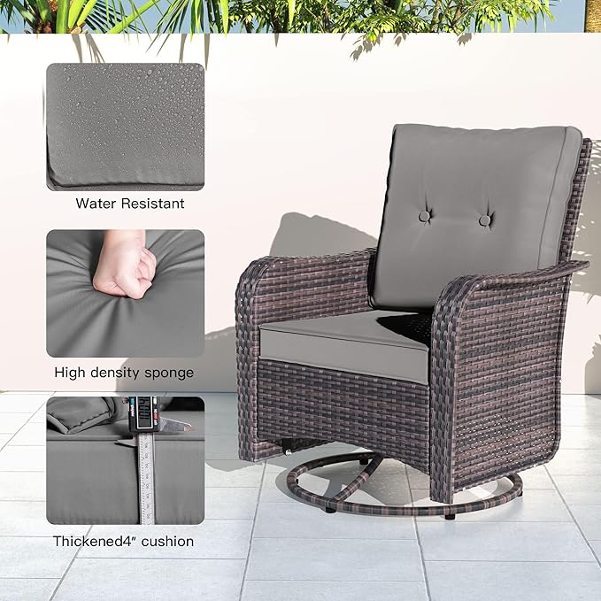 Kullavik 3 Pieces Patio Furniture Set,Outdoor Swivel Rocking Chairs Porch Furniture Patio Rattan Chairs with Table,, Grey