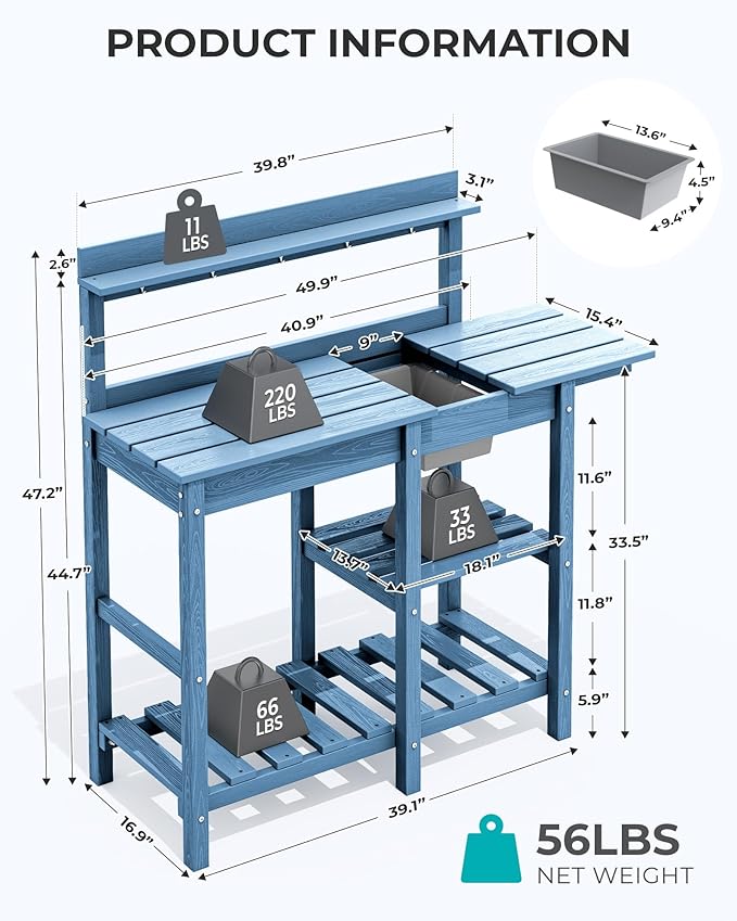 SERWALL Outdoor Potting Bench with Removeable Sink,Rot-Resistant HDPE Potting Table for Outside Gardening, All Weather Use - Blue
