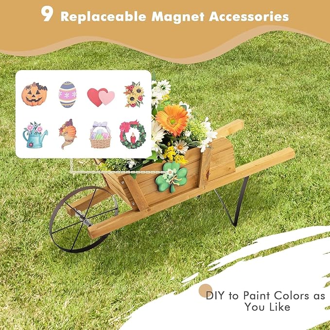 HAPPYGRILL Wooden Wagon Planter, Small Flower Plant Pot w/Triangular Metal Support, 2 Energy-Saving Handles, Movable Wheel, Wood Wheelbarrow Cart Planter for Garden Backyard Holiday (Walnut)