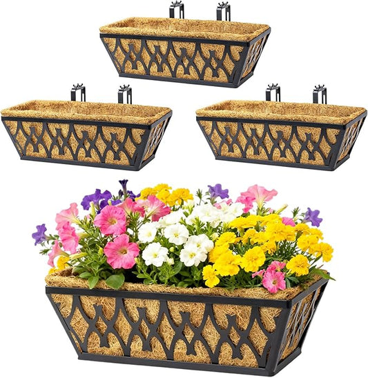 4 Pack 16 Inch Window Boxes Planters Railing Planter Box with Adjustable Brackets for Porch Fence Patio Balcony Hanging Flower Baskets with Coco Liners for Outdoor Garden Decor - Black