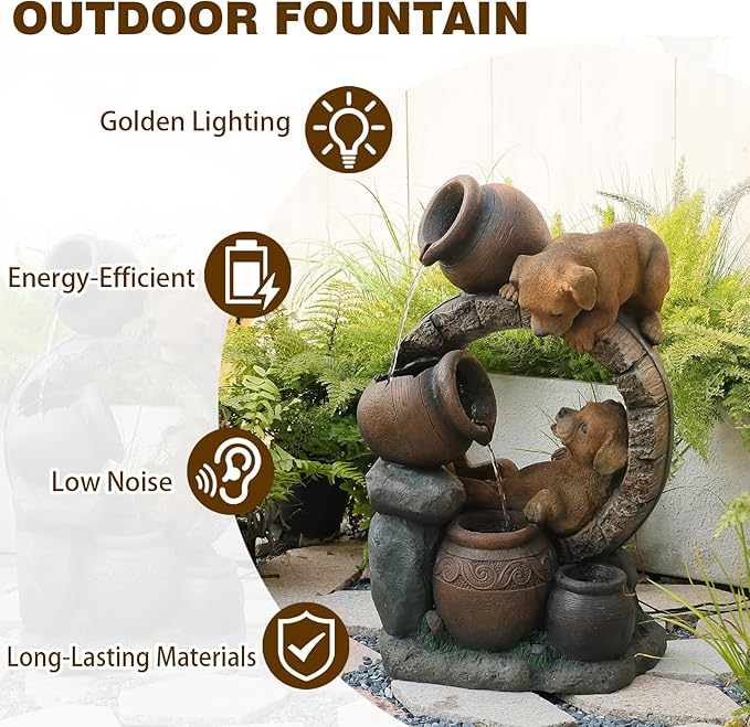 Sunlinua 29" H Dog Outdoor Water Fountain, Decorative Resin Water Fountain with LED Lights, Garden Puppy Waterfall Fountains Indoor and Outdoor for Patio, Porch, Courtyard, Home Decor