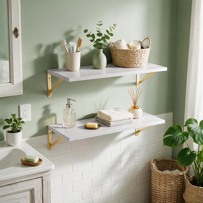 Dreamland Wall Mounted Floating Shelves Set of 2, 24x12, White&Gold