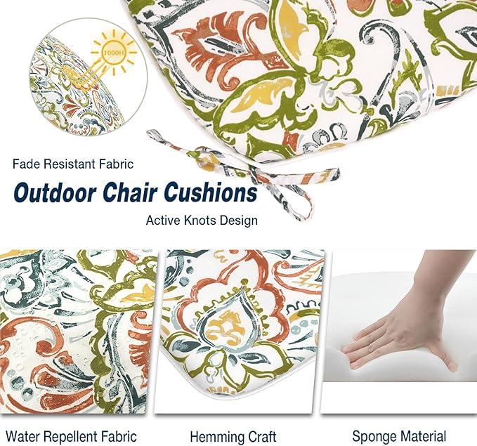 Outdoor Chair Cushions 16"x17" Set of 2, Water Resistant Patio Chair Pads with Ties, Seat Cushions for Home Garden Furniture Decoration, Paisley Botanical