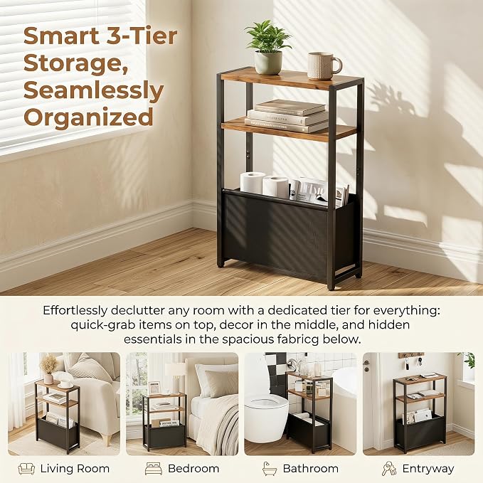 Leomonio Narrow Side Table, Slim End Tables with Fabric Basket, Skinny Table for Small Spaces, Thin Bedside Table for Living Room, Bedroom