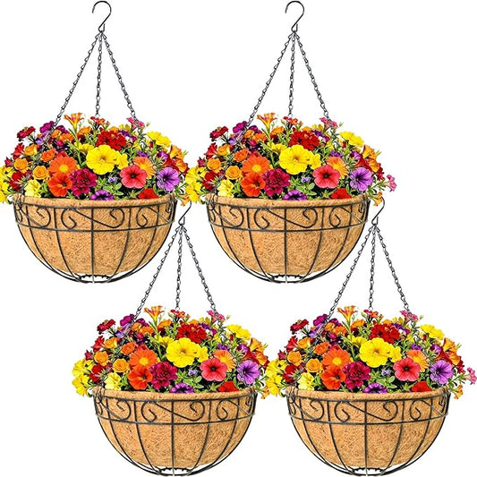 4 Pack 12" Round Metal Hanging Basket for Outdoor Plants Durable Large Hanging Planter with Coco Coir Round Plant Holders Planter for Outside Garden Decoration (Flower Border)