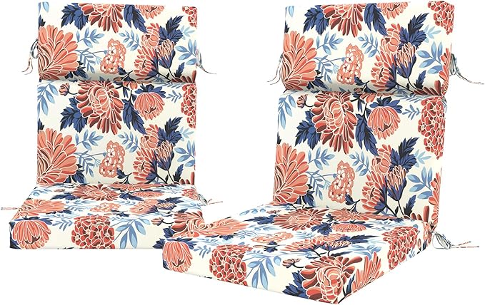 DYTXIII Outdoor High Back Chair Cushions Set of 2, 44"x22" Water Repellent Patio Seat Cushions with Elastic Sponge, All Weather Chair Pads for Rocking, Dining Chairs, Patio Furniture - Ruby Flower