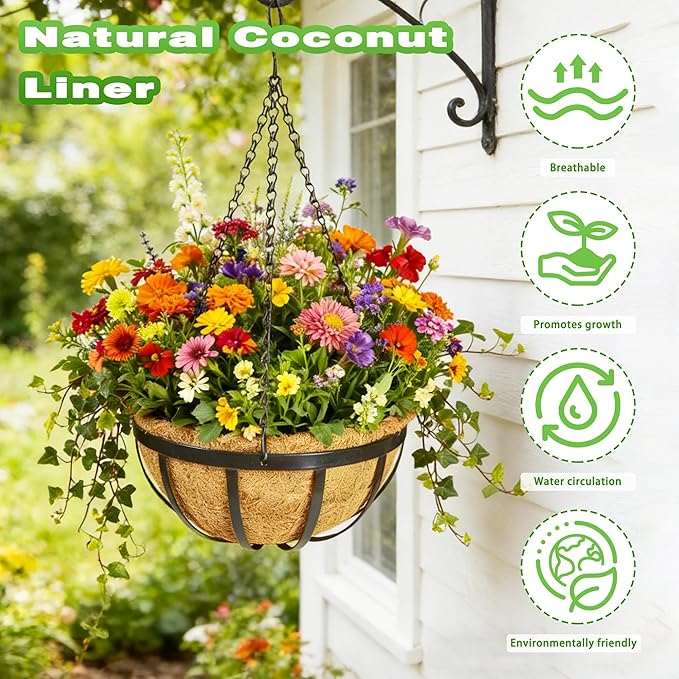 2 Pack 12 Inch Metal Outdoor Hanging Baskets Black Heavy Duty Hanging Planters with Coco Liners for Indoor Outdoor Plants Gardens Patios Terraces（Flat Iron）