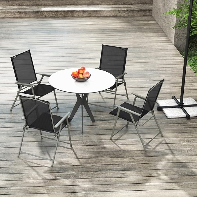 Tangkula Set of 2 Patio Folding Chairs, High Back Dining Chairs with Weather-Resistant Fabric, No Assembly, Outdoor Portable Metal Lawn Chairs with Armrests & Footrest for Garden