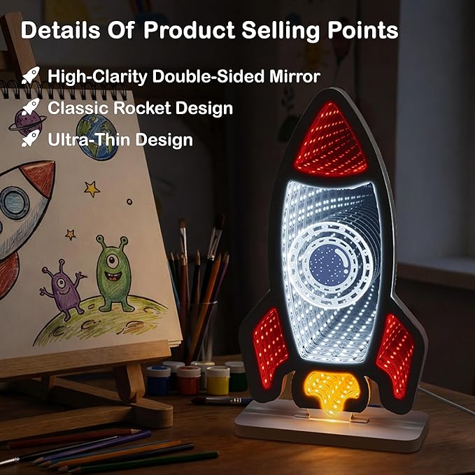 3D Rocket Infinity Mirror Light, LED Infinity Mirror Night Light with Galaxy Space Tunnel Effect, USB Powered 3D LED Lights for Kids Bedroom & Gaming Setup,Gift for Boys Girls, 5.9"×10.9"