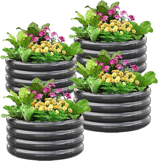 KING BIRD Raised Garden Bed Galvanized Round Planter Box Outdoor for Gardening, Plants, Vegetables, Flowers, Silver, 24x24x12 in, 4 Packs