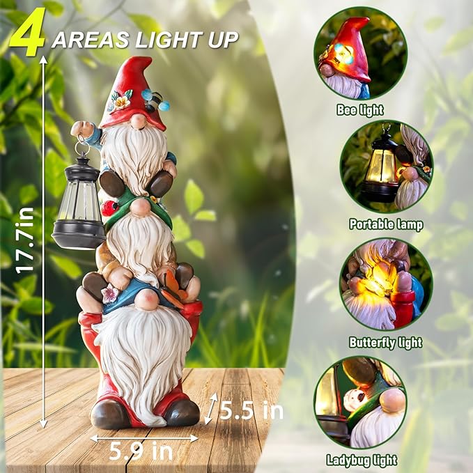 twinbling 17 in Large Garden Gnome Statue with Solar Lights Sculptures Funny Triple Big Gnome Outdoor Patio Lawn Yard Balcony Garden Home Decor Gifts for Women Mom