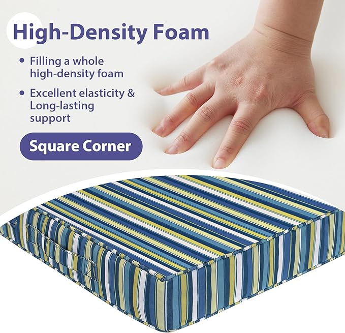 IPYNBAP Outdoor Chair Cushions Set of 4,Waterproof Outdoor Seat Cushions for Patio Furniture,Patio Chair Cushion with Handle and Ties, Out Door Chair Pads,19" x 19" x 3", Blue Stripe