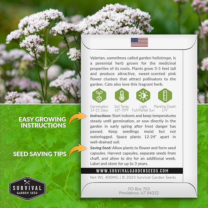 Survival Garden Seeds - Valerian Seeds for Planting - 5 Packets with Instructions to Plant and Grow Medicinal Herb Valeriana Officinalis in Your Home Herb Garden - Non-GMO Heirloom