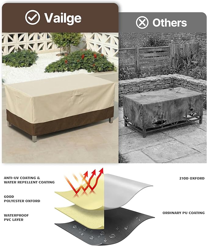 Vailge Rectangular/Oval Patio Table Cover, Heavy Duty and Waterproof Outdoor Lawn Patio Furniture Covers (Beige&brown, 108"Lx70"Wx28"H)