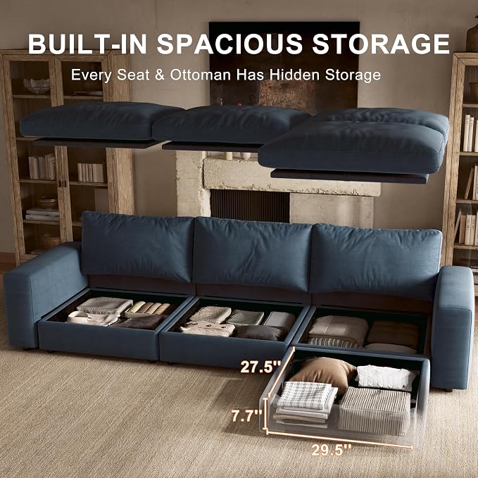 110'' Cloud Sectional Couch with Washable Cover, Oversized U-Shaped Sectional Couch with Throw Pillow and 2 Storage Ottoman, Deep Seat Modular Sectional Sofa for Living Room, 3Seater, Blue