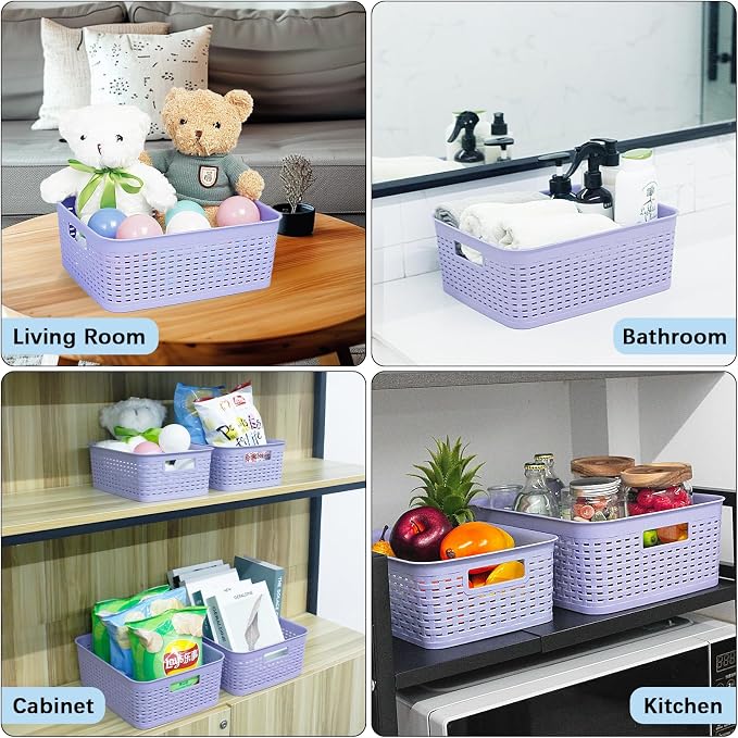 Soddeph Plastic Storage Baskets for Cabinets, Household Pantry Organization with Handle,Organizer Bins for Room,Bathrooms,Under-Sink,Kitchen (Purple, M-3PACK)