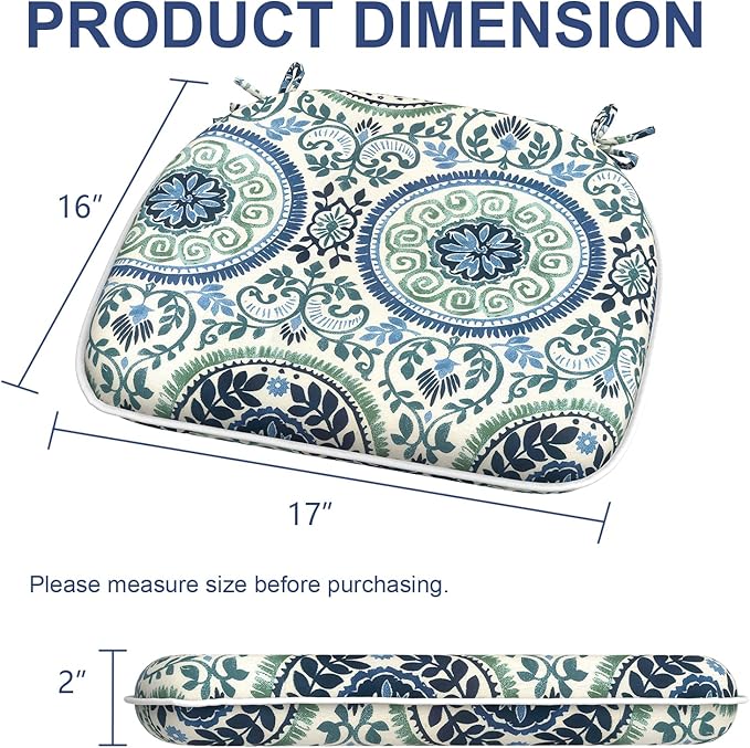 Outdoor 16"x17" Chair Pads Set of 4, Water Resistant Patio Chair Cushions with Ties, Seat Cushions for Home Garden Furniture Decoration, Celadon Wreath
