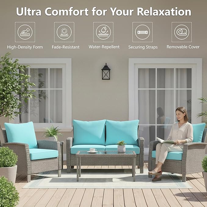22x22 Inch Patio Chair Cushions Set of 4, Outdoor Furniture Cushions - Removable Cover, Water-Repellent, Fade-Resistant, Non-Slip Bottom & Straps, Replacement for Lawn, Porch & Deck Chair - Light Blue