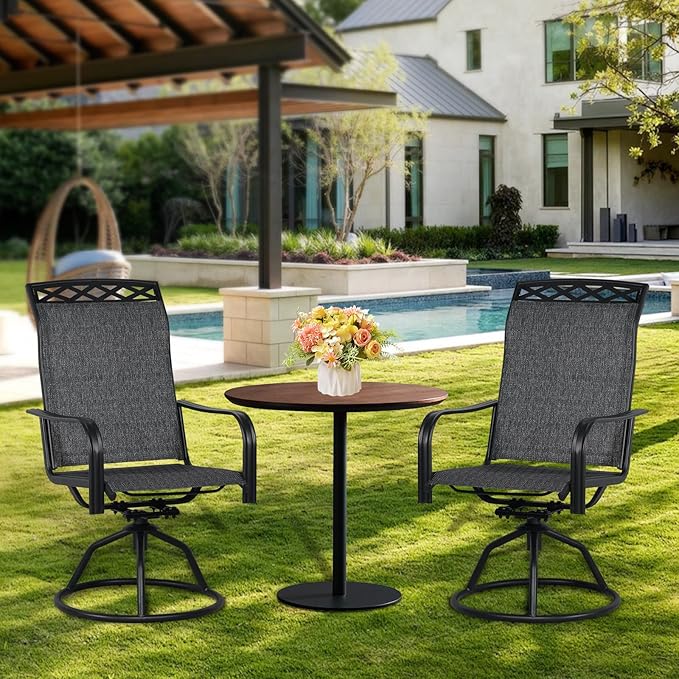 SHGJ&SOFT Patio Swivel Chairs, Waterproof Outdoor Dining Chairs with All-Weather Textilene Mesh for Deck, Garden, and Backyard (Patterned backrest-Grey, Set of 2)