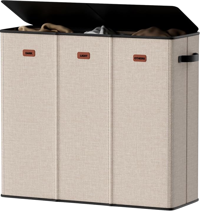 185L Laundry Hamper 3 Section, Laundry Hamper with Lid, Dirty Clothes Hamper with 3 Removable Washing Bags, Extra Large Laundry Basket Organizer for Bedroom, Laundry Room, Dorm - Khaki