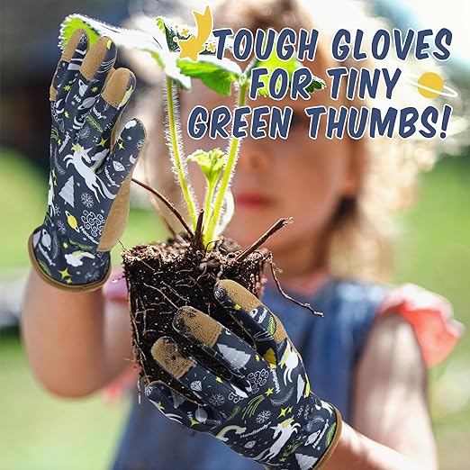 HANDLANDY 2 Pairs Kids Genuine Leather Gardening Gloves for age 2-9, Children Work Gloves for Boys, Girls, Toddlers (Blue, S)
